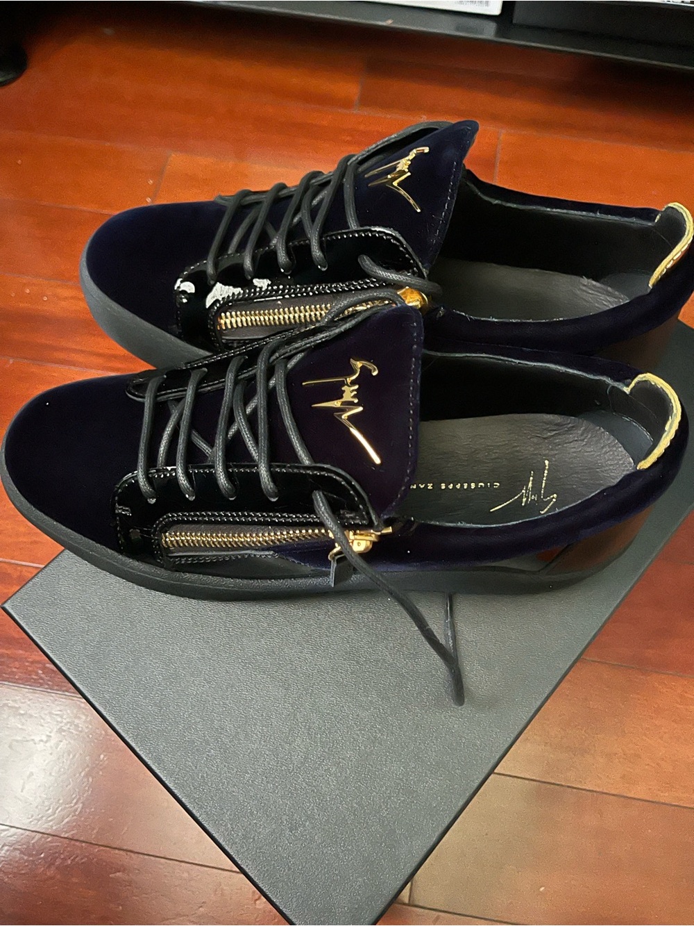 Giuseppe Zanotti Men’s Navy Velvet Sneakers with Gold Accents